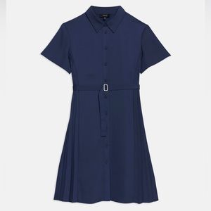 Theory Pleated Short-Sleeve Shirtdress in Satin Crepe • Navy • P